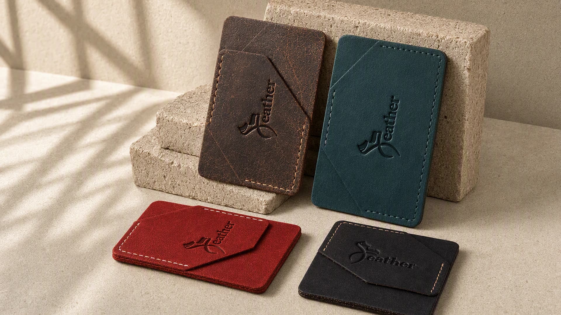 Four Kasbah Card Sleeve finishes arranged in warm architectural light