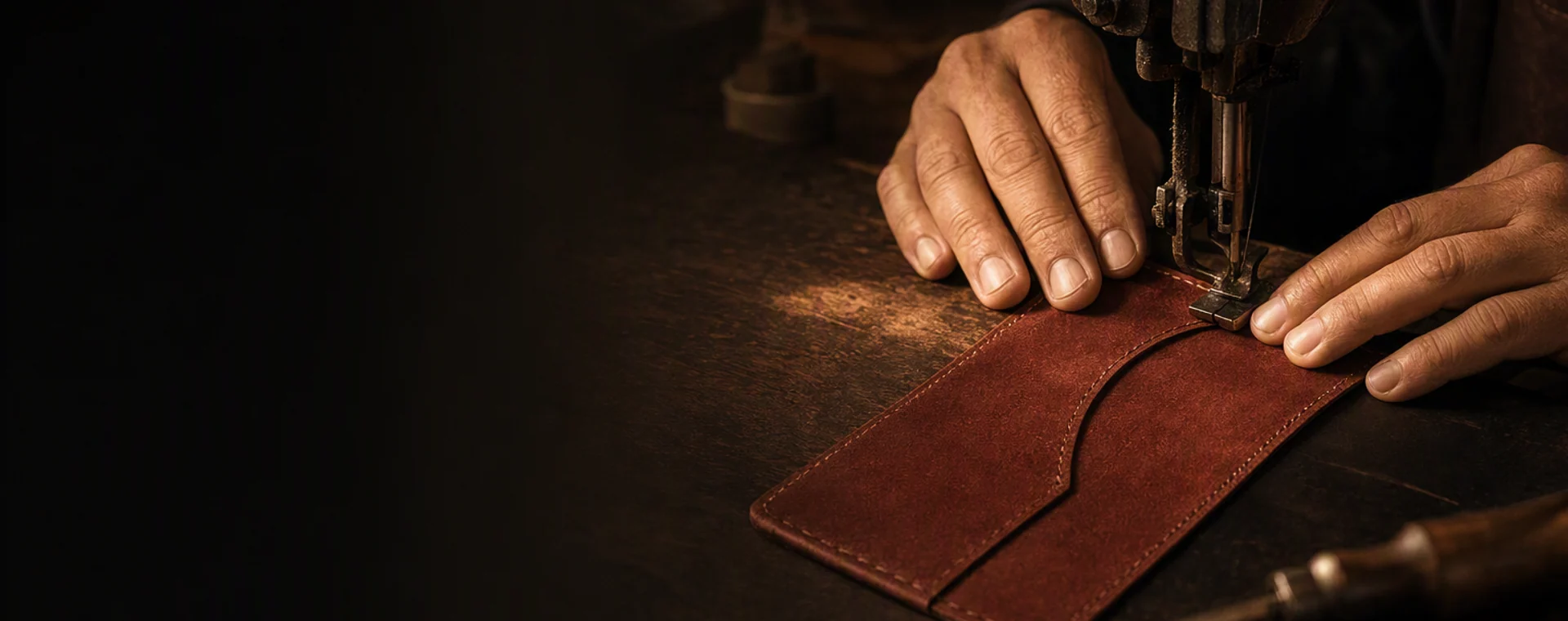 XEATHER artisan stitching an oxblood leather piece at the workbench